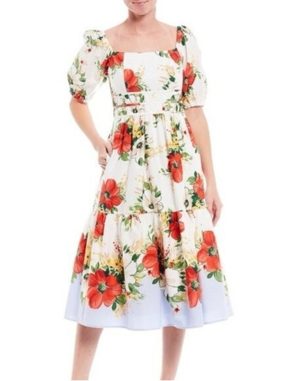 Vince Camuto floral print square neck puff sleeve cotton blend midi dress